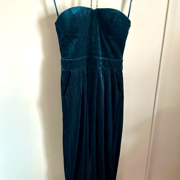 New Main Strip Rhinestone Halter Strapless Sweetheart Neck Teal Velvet Jumpsuit - Picture 2 of 16